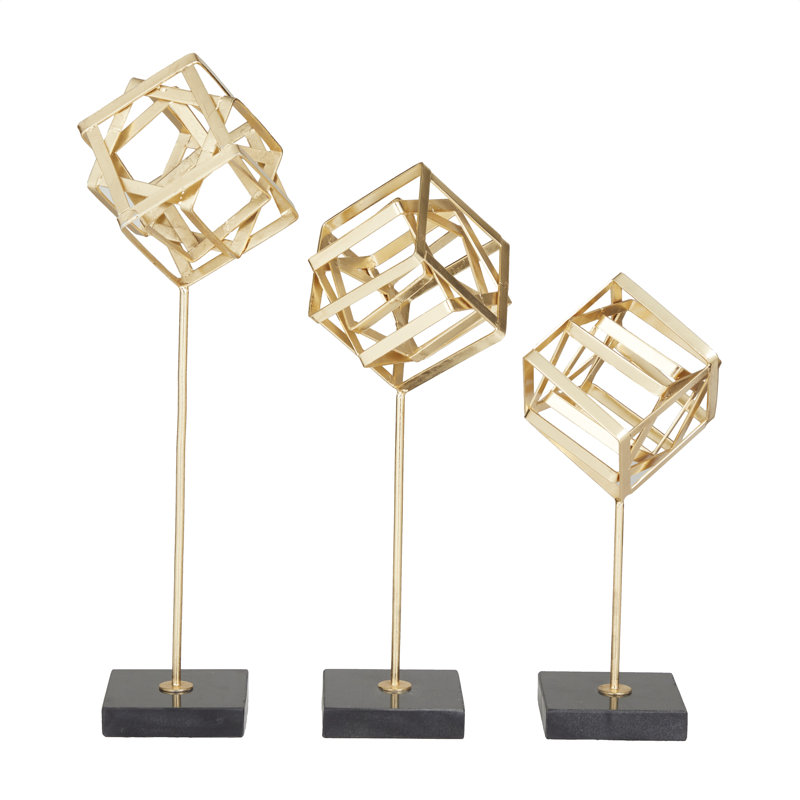 Marble Geometric Decorative Sculpture with Marble Base Set, Gold