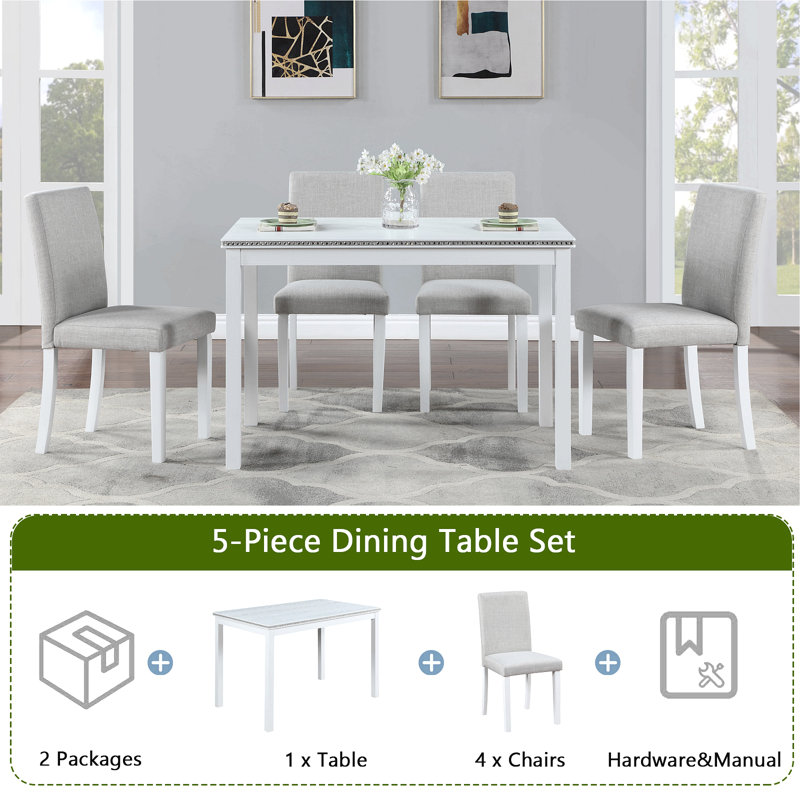 Ensemble de table de salle à manger en bois 5 pièces, ensemble de table de cuisine avec table rectangulaire et 4 chaises rembourrées, ensemble de table de salle à manger en bois avec décoration en cristal