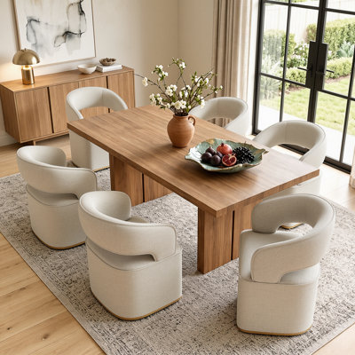 Chaise de salle à manger pivotante et rembourrée moderne avec roulettes dissimulées, fauteuil ergonomique incurvé avec accoudoirs en tissu chenille et garniture en bois pour la cuisine, la salle à manger, le bureau à domicile et la coiffeuse, capacité de 181 kg, couleur avoine (ensemble de 6)