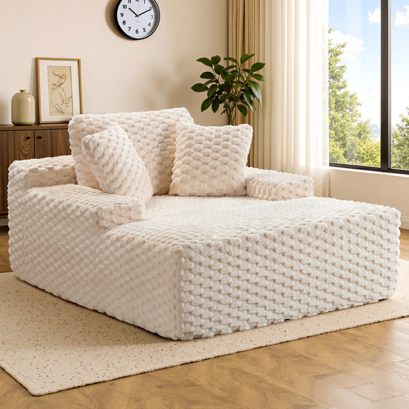 67" Faux Fur Compression Chaise Lounge with Armrests and Throw Pillows, No-Assembly Sleeper Sofa for Living Room or Apartment, White