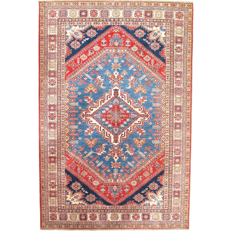 Tapis oriental en laine / coton bleu clair / rouille / bleu marine à motif oriental fait à la main 6 pi 6 po x 9 pi 11 po