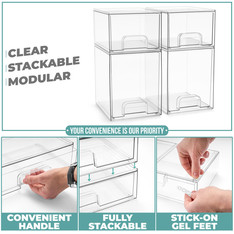 Sorbus Acrylic Storage Containers - 4 Pack, 4.4” and 7.6” Stackable Storage Bins Set for Bathroom Organization - Clear Acrylic Storage Drawer Organizers - Makeup Organizer Case with Pull-Out Drawers
