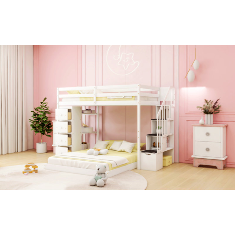 Jasten Platform Storage Bed,Twin Over Full Bunk Bed with 3-layer Shelves, Drawers and Storage Stairs, White