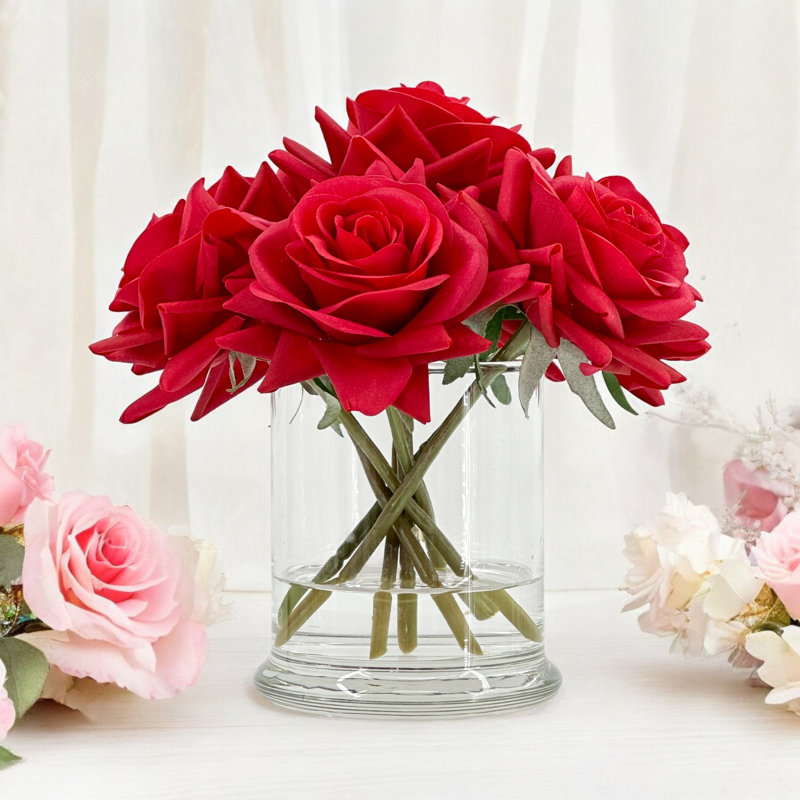 Small Real-Touch Rose Flower Centerpiece Unique Cozy Flower Arrangement, Red