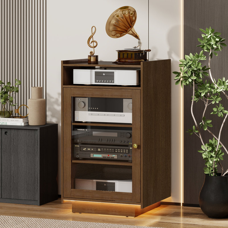 Media Cabinet With Tempered Glass Door, 5-Tier Stereo Cabinet With Adjustable Shelves, Media Stand With LED Light, AV Rack With Cable Management For Meeting, Living, Recording Room