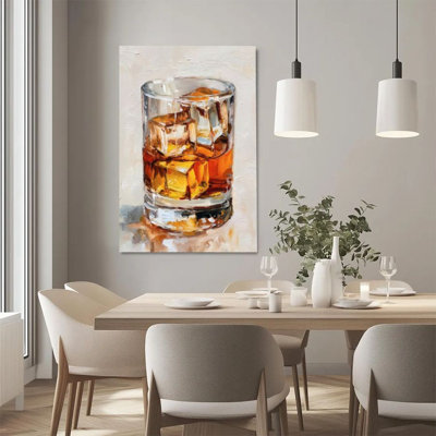 1Pc Framed Canvas Poster Print Whiskey Glass, Ice Cubes and Amber Liquid, Impressionist Oil Painting Style Wall Art Decor, Perfect for Room Decor Living Room Bedroom Office Kitchen Bathroom Home Decor, Ideal Home Wall Decoration Gift