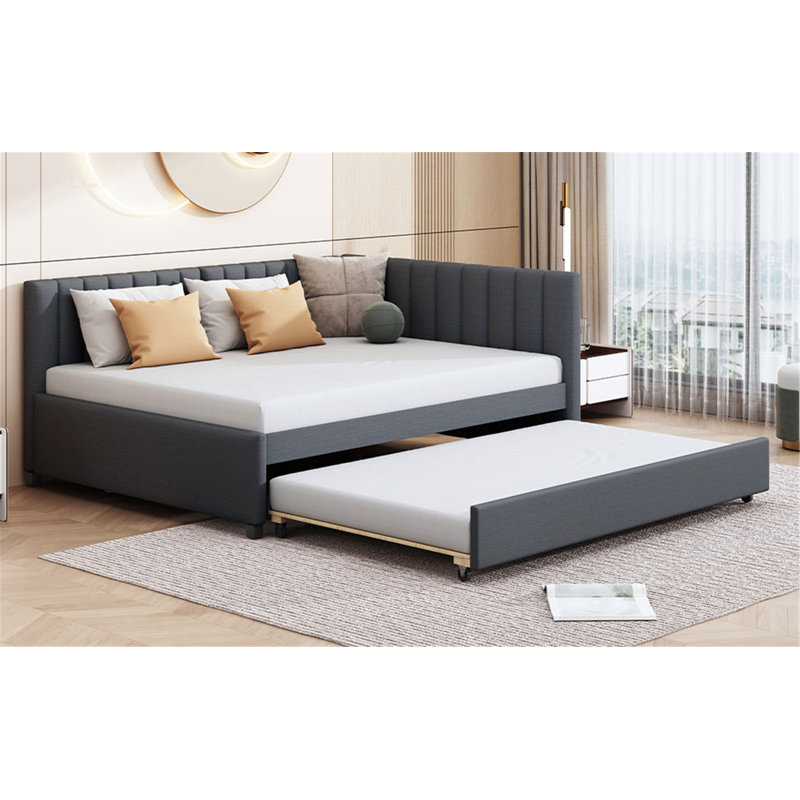 Full Size Upholstered Daybed with Twin Trundle, No Box Spring Needed, Linen Fabric in Gray for Modern Living
