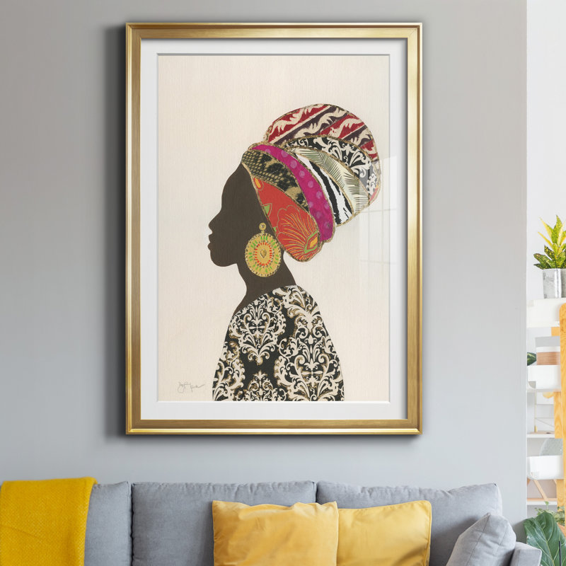 Silhouette de femme africaine II - reproduction encadrée sur papier, H 18,5 po x l 24,5 po x P 1,5 po, Papier encadré doré
