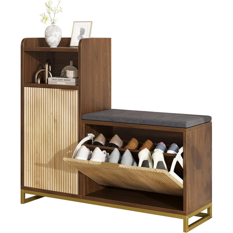 39" L-shaped Shoe Storage Bench With Adjustable Shelves & 2 Flip Drawers, Brown