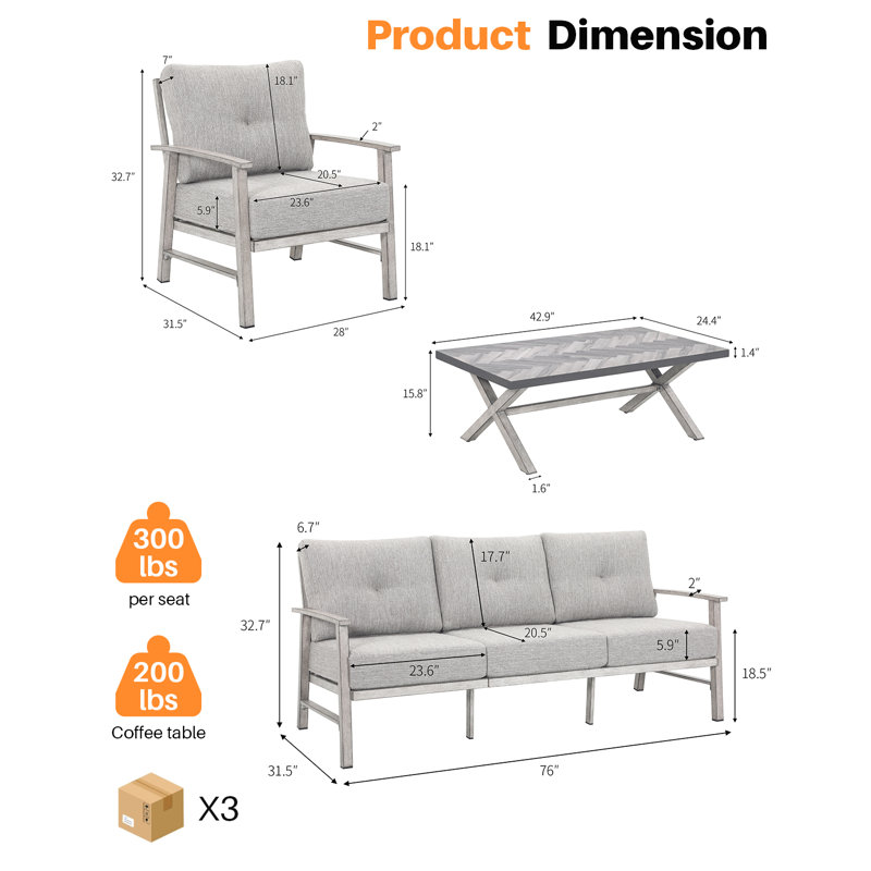 Ensemble d'extérieur en aluminium 4 pièces, 3 places, 2 chaises simples et 1 table basse Seehill