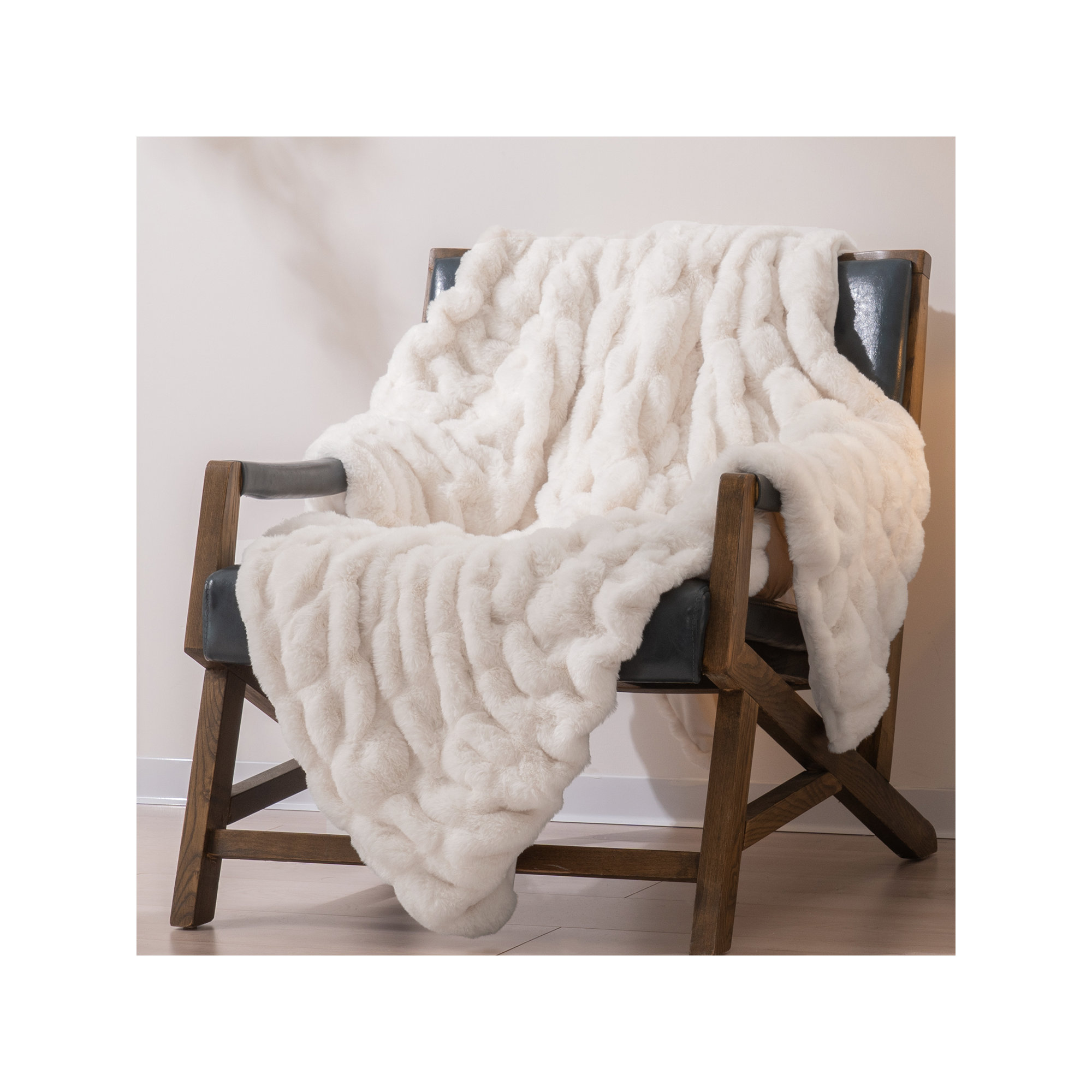 Ruched Bubble Faux Fur Throw Blanket, Ivory White, 50" W x 60" L