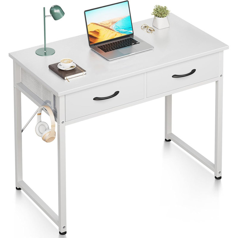 Small Desk With Fabric Drawers- For Bedroom, White Vanity Desk With Storage, Home Office Computer Desk For Small Spaces, 32 Inch Modern Work Writing Study Table, White