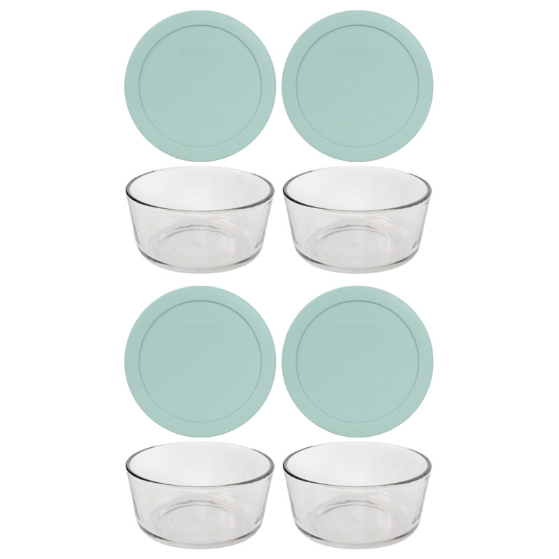Pyrex (4) bols en verre de 4 tasses et (4) couvercles de 4 tasses, Turquoise trouble