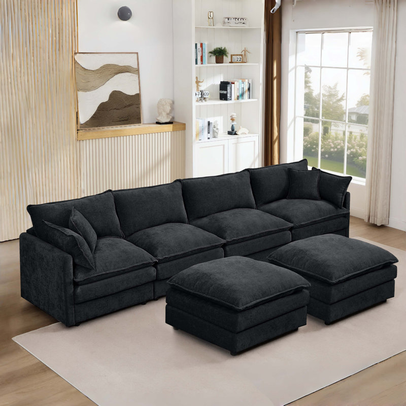 4-Seater Comfy Cloud Couches With Movable Ottoman, Black