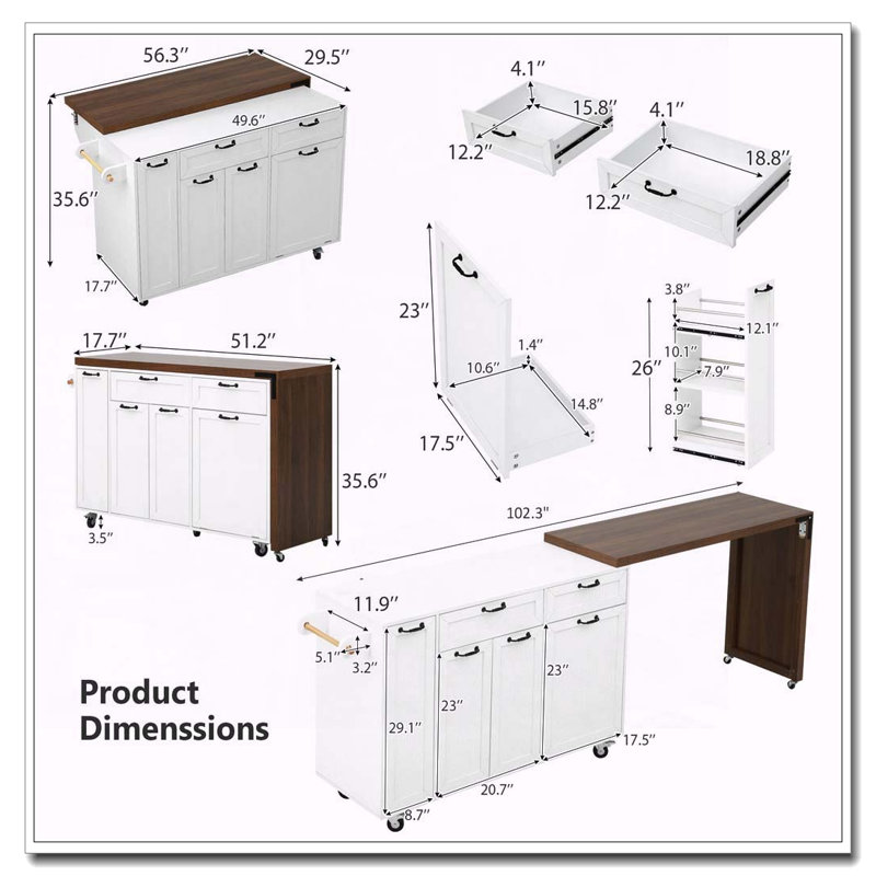 Îlot de cuisine 102,3 po avec table de salle à manger extensible, chariot pour îlot de cuisine avec armoire de rangement