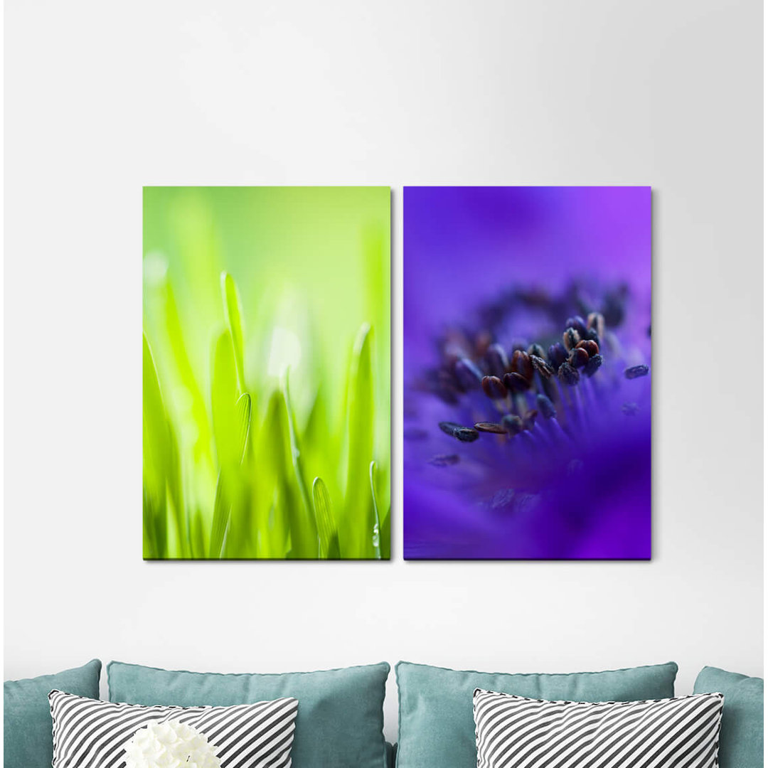 2-tlg. Leinwandbilder-Set - Fotografie „Blades of Grass Green Blossom Spring Violet”