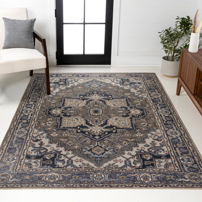 Sarok Ornate Large Medallion Machine-Washable Green/Navy/Cream Rug