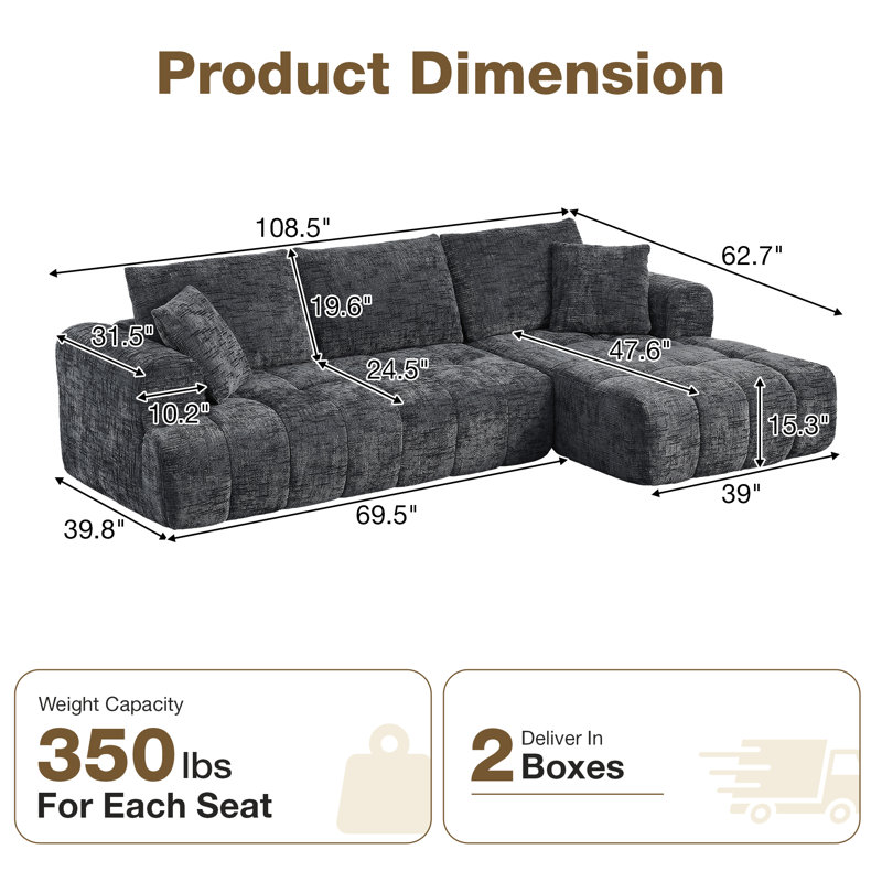 Boneless 108.5" Chenille Sectional Compression Sofa 2 Piece Boneless Modular Deep Seat Cloud Couch With Tufted Design & Chaise Set, No Assembly Required