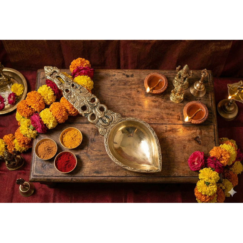 13-Inch Handcrafted Brass Spiritual Oil Lamp, Traditional Indian Nilavilakku Diya for Altar & Home Decor
