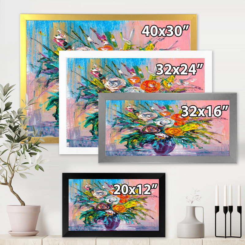 Bouquet de fleurs éclatantes - peinture sur toile, H 12 po x l 20 po x p 1 po, Encadrement doré