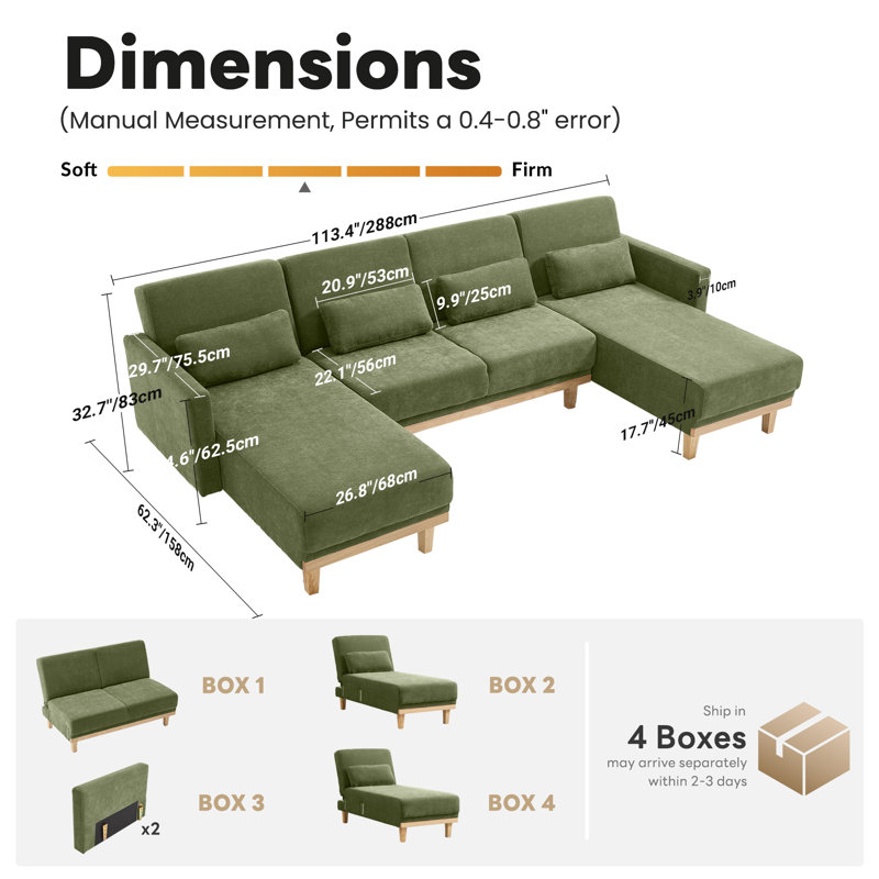 Canapé modulaire en chenille de 113,4 po de largeur avec support à 3 niveaux et dossier réglable à 3 niveaux en bois massif