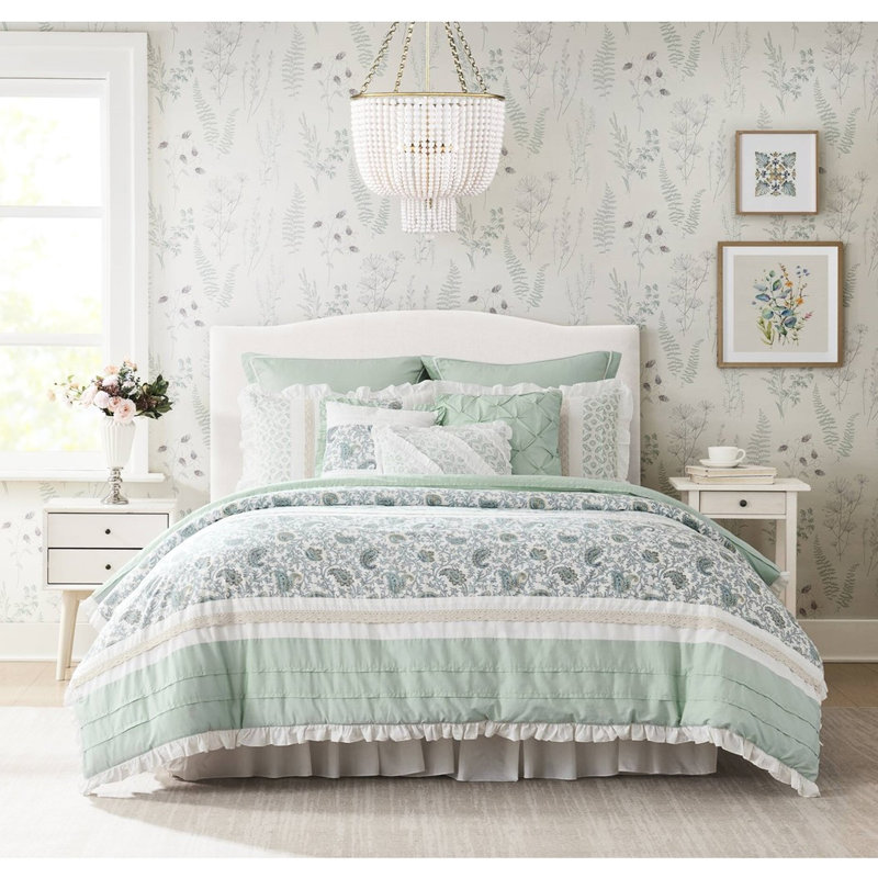 Ensemble de literie 9 pièces pour grand lit - Look avec tissu et coussins décoratifs, Blanc / aqua