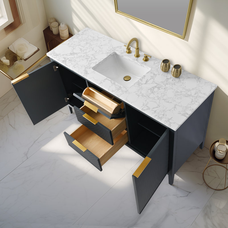 Meuble-lavabo simple 60 po Bilroy, Bleu rétro / bronze brossé
