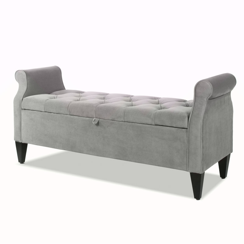 Banc de rangement en velours à accoudoirs roulés 57,5 po Jacqueline, Gris