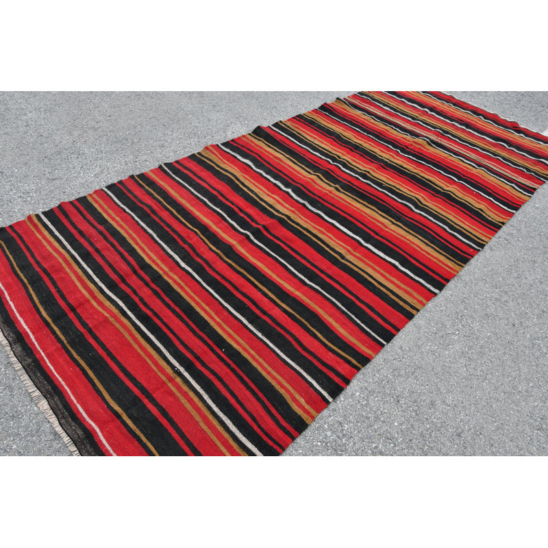 Grand kilim turc rétro de style bohémien avec motif rayé pour un décor intérieur unique noir / rouge