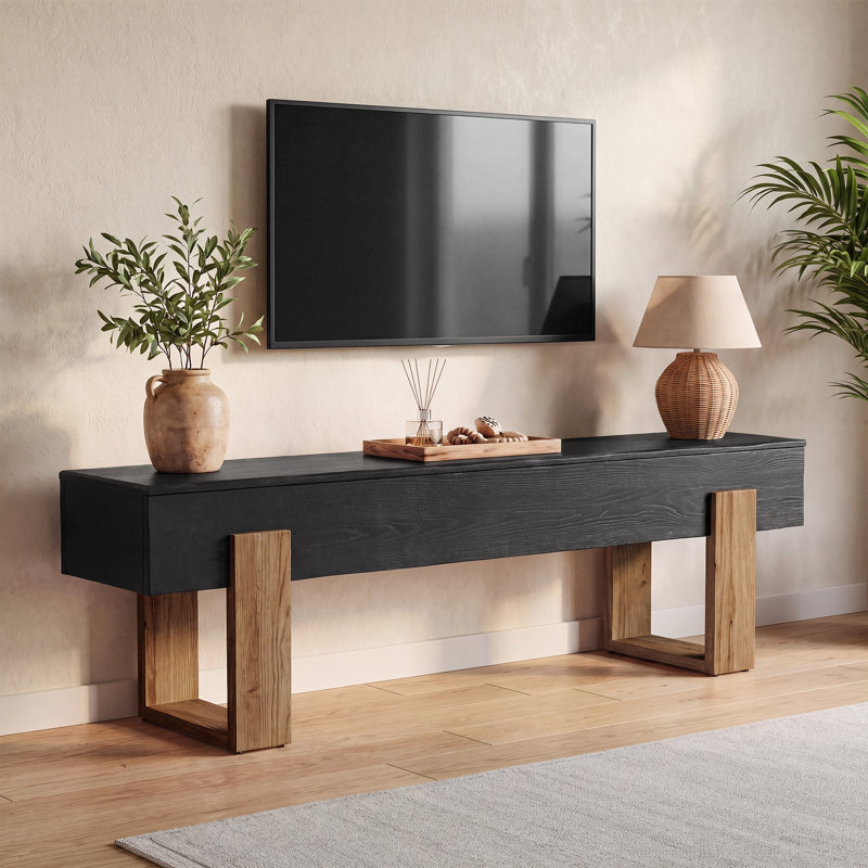 63 Inch Solid Wood TV Stand, Black, Black