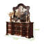 Très grand lit 4 pièces avec composants rembourrés, aspect noyer foncé, dessus en marbre sur la commode et la table de chevet, rangement pleine extension