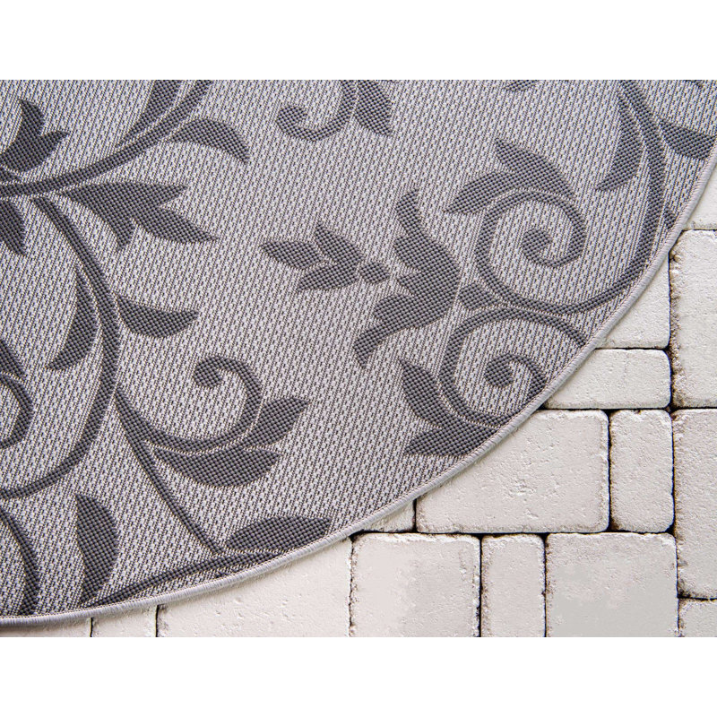 Tapis intérieur/extérieur gris à motif floral Darlene, Rond 6 pi