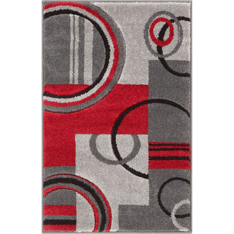 Tapis gris et rouge moderne à motif de courbes géométriques Shaliya Galaxy, Rectangle 2 pi x 3 pi