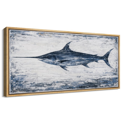 Vintage Blue Marlin Fish Coastal Rustic Nautical Wall Decor Extra Large Pictures Framed Canvas Print Wall Art
