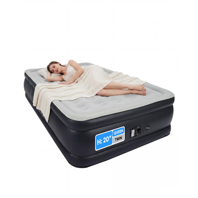 20" Raised Queen Air Mattress with Built-in Pump, Supports 800 lbs, Self-Inflating in 3-4 Minutes, Flocked Top with Honeycomb Support, Portable Guest Bed for Travel/Home, Navy/Gray