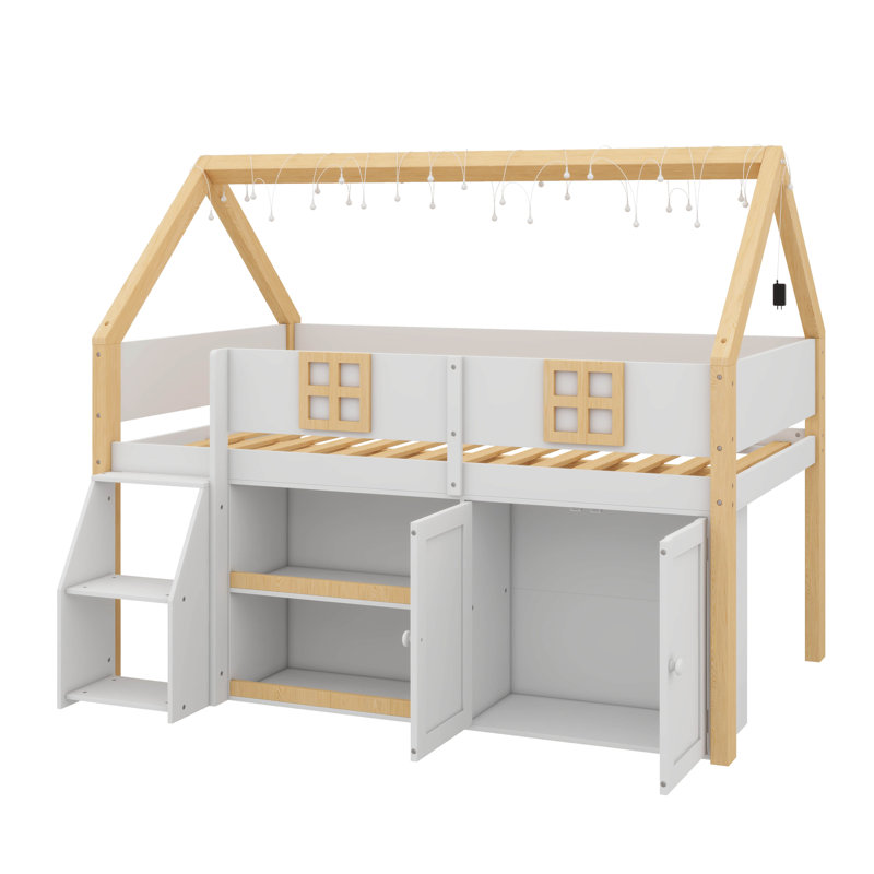 Lit mezzanine avec escabeau, étagères intégrées, armoires et éclairage DEL, Lit double