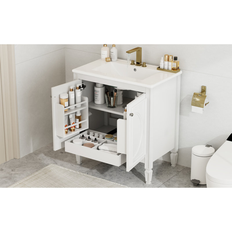 Meuble-lavabo blanc de 30 po avec lavabo, esthétique rétro - trous de robinet pré-percés, tablette réglable, panneau de tiroir amovible en bois véritable et lavabo en céramique, fabrication