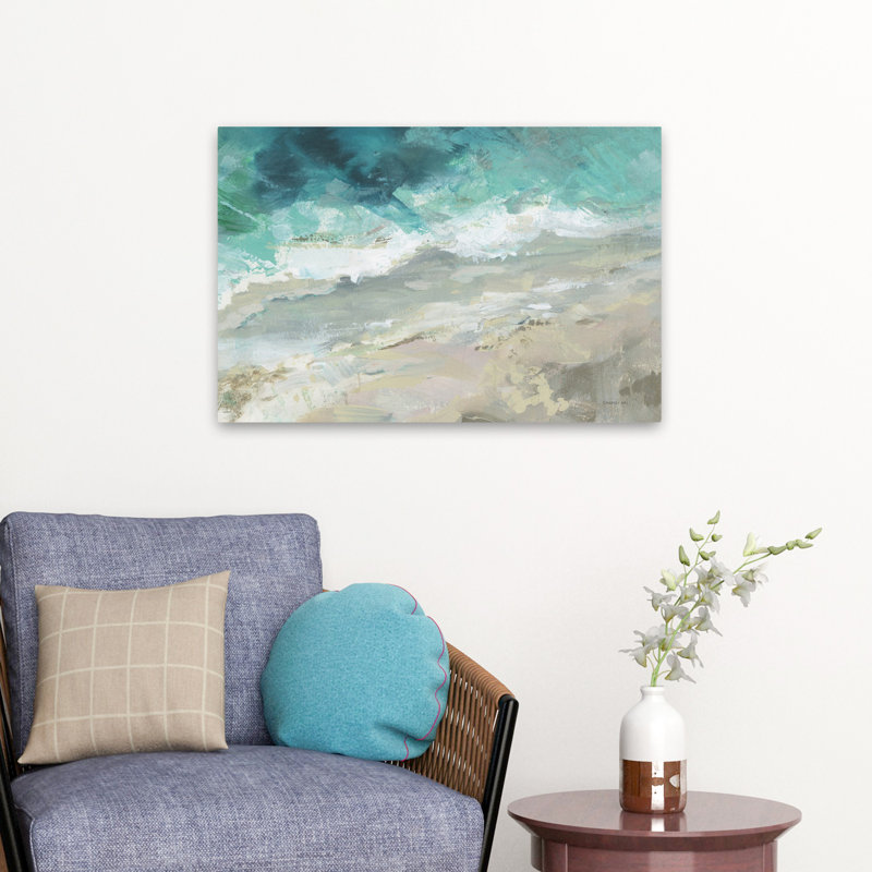 Vue aérienne de la mer contemporaine abstraite bleu blanc aérien turquoise, H 24 po x l 16 po