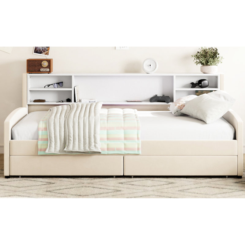 Lit simple rembourré en velours beige avec rangement supplémentaire et roulettes -, revêtement de tiroir pratique, tête de lit confortable, spacieux pour la literie d'articles personnels,