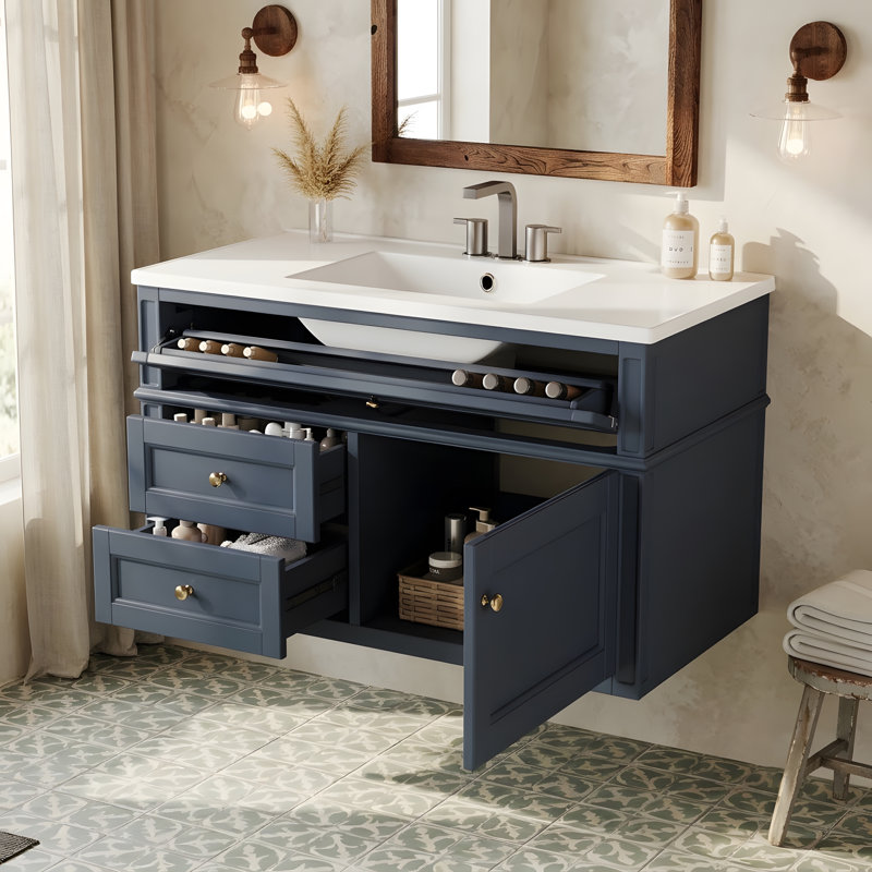 Meuble-lavabo mural 36 po avec lavabo mural 36 po, 3 tiroirs et portes à fermeture en douceur, Bleu