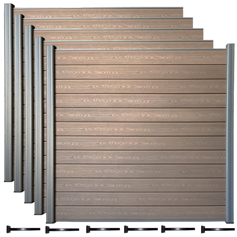 Ensemble de clôture en composite embossé brun 6 pi x 6 pi (5 panneaux, supports de montage en surface carrés inférieurs), 6
