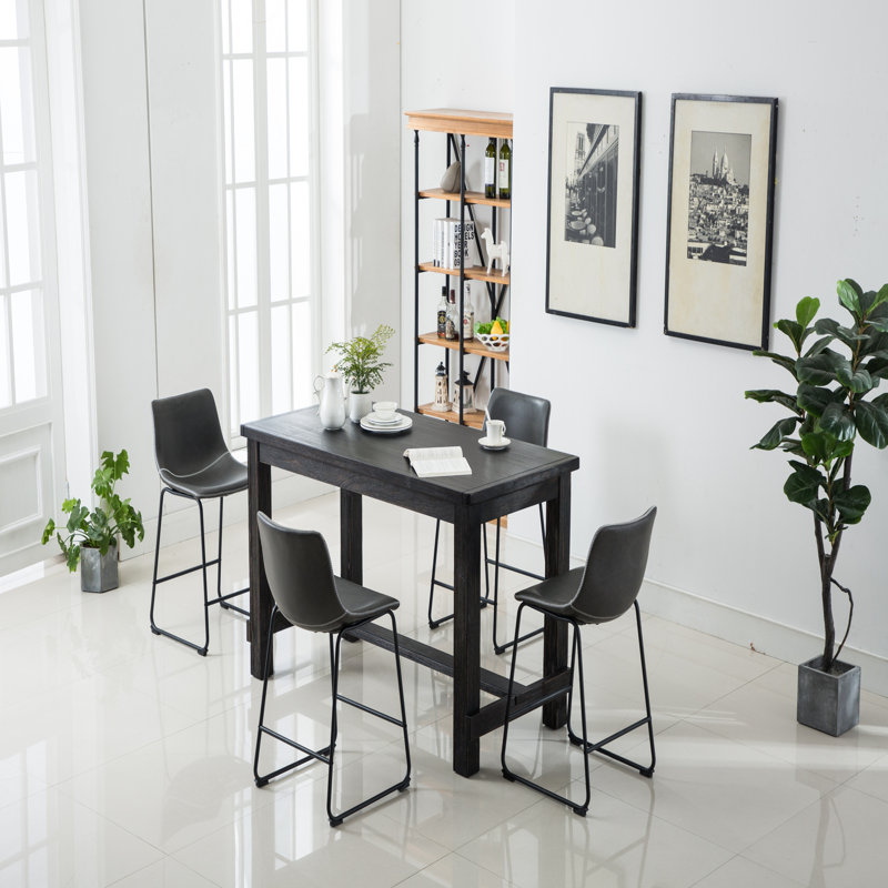 Ensemble de salle à manger à hauteur de comptoir industriel, table en bois patiné et chaises en cuir de polyuréthane, structure en métal