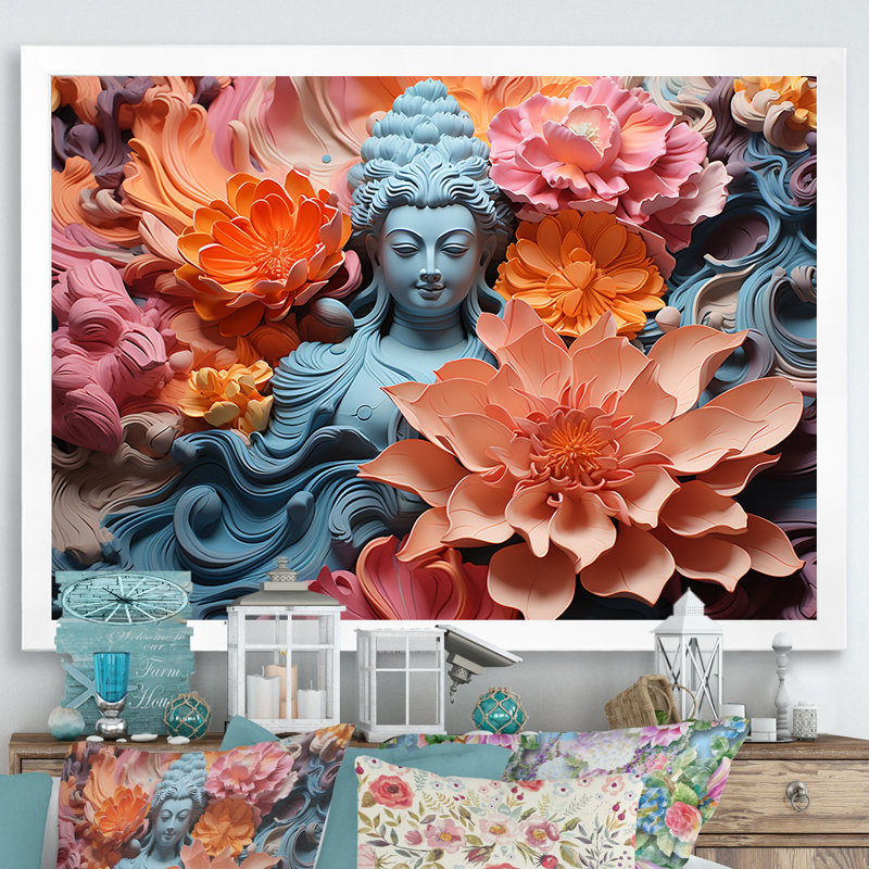 Statue de bouddhisme en fleurs I - décoration murale bouddhisme, Cadre blanc, H 34 po x l 44 po x P 1,5 po