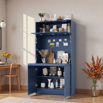 69''Tall Kitchen Pantry With Hutch And Foldable Workstation, Multifunctional Storage Cabinet With Adjustable Shelf And Power Outlet