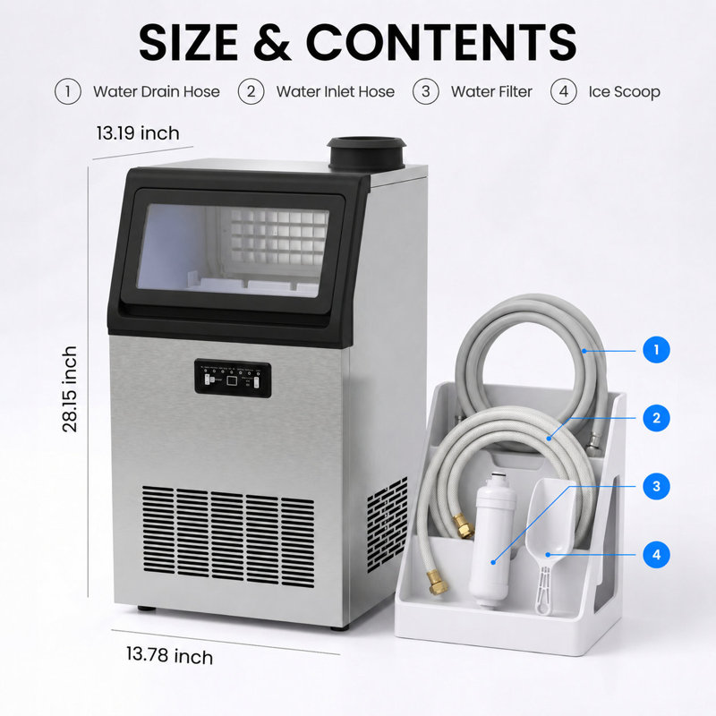 Machine à glaçons commerciale autoportante 13,78 po en argent avec certification ETL, double alimentation en eau, 140 lb La production quotidienne de glace et 30 lb Rangement de glace