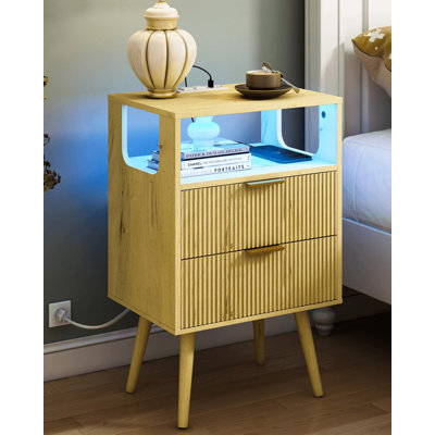 Table de chevet avec station de charge et lumières DEL, table de chevet moderne avec 2 tiroirs de rangement et tablette ouverte en bois, pour chambre à coucher et petits espaces, table de chevet avec pieds en bois massif