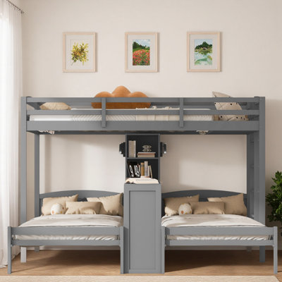 3 Beds In 1 Design Bunk Bed With Built-in Desk, Storage Shelves And Reading Lamp
