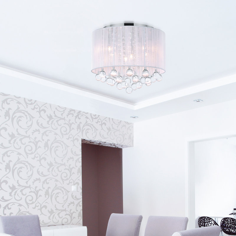 6 Light 14in Flush Mount Chrome Frame & White Shade with Crystal Drops, White