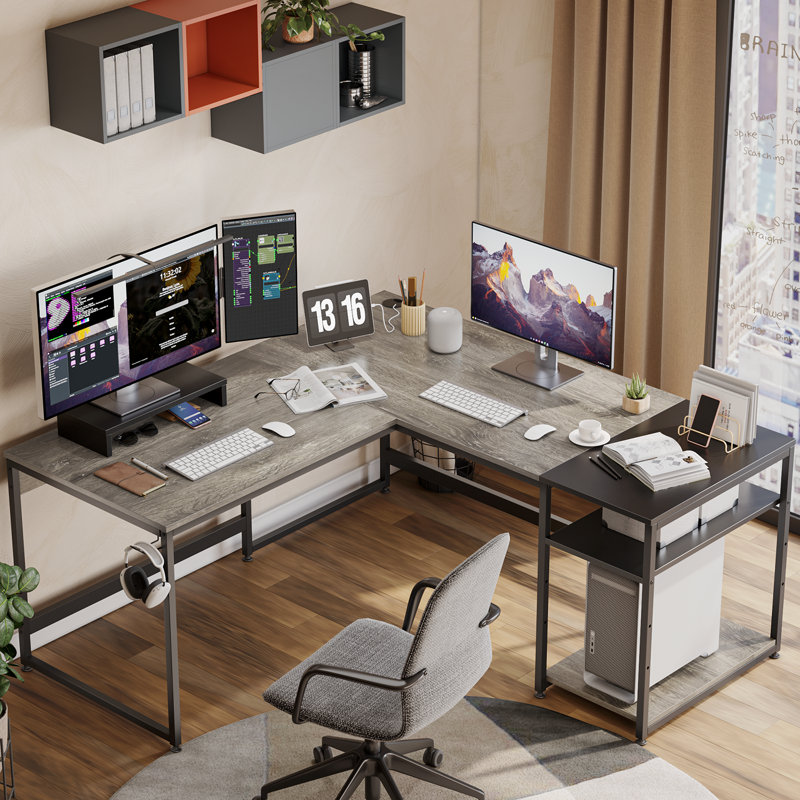 Bureau d'ordinateur en L réversible avec bureau en coin, H 32,9 po x l 59,06 po x P 59,06 po, Chêne rétro gris foncé  
