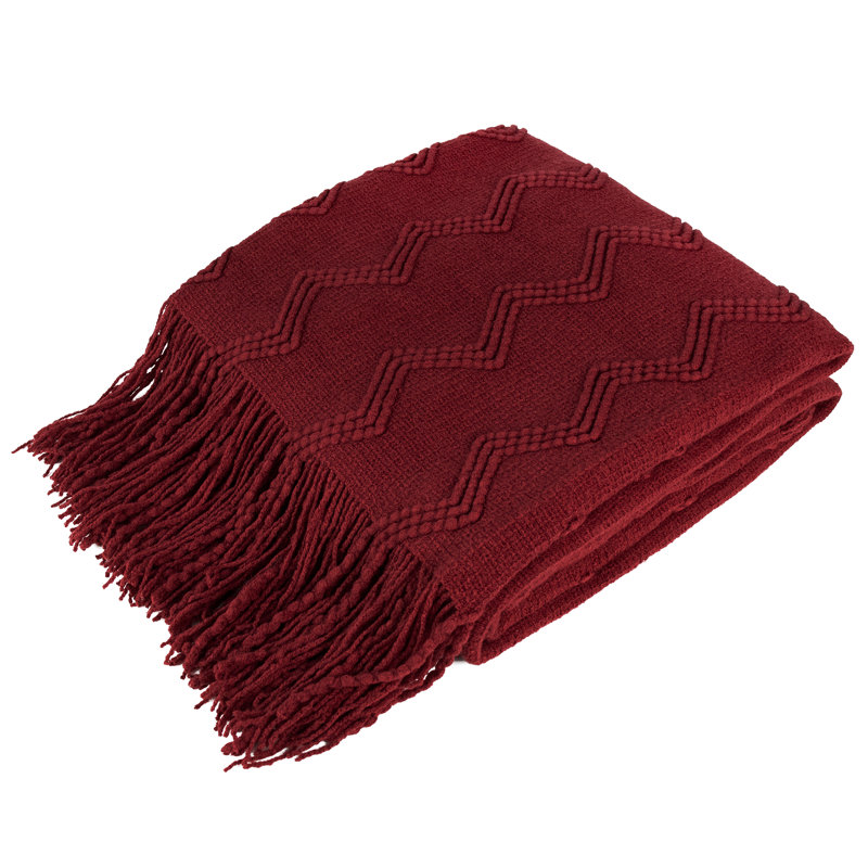 Wine Red Knitted Fleece Throw Blanket with Fringe
